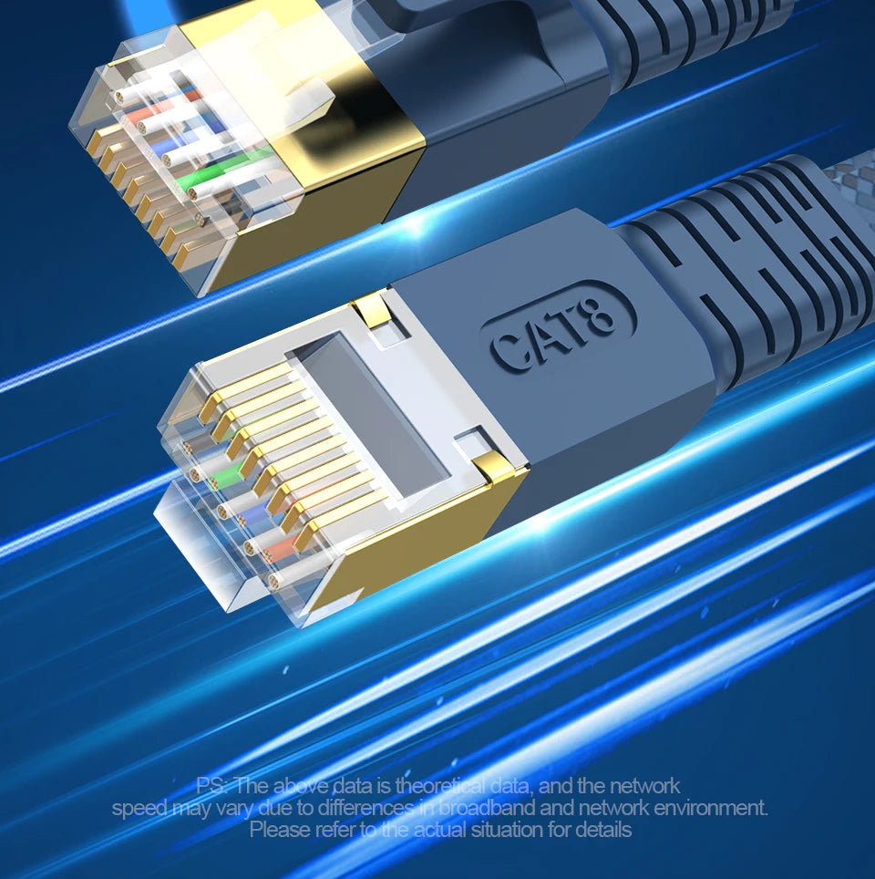 CAT 8 Flat Network Internet Cable 40Gbps 2000MHz Round RJ45 Nylon Braided LAN Cable Patch Cord for Modem Router PC PS4/5/6 Xbox Pi-Mart