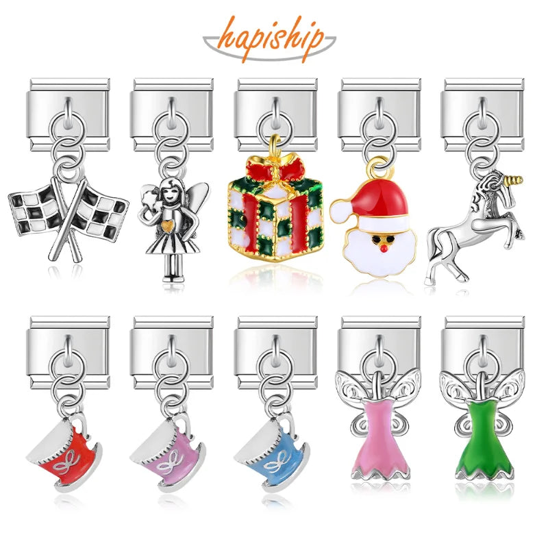 Hapiship 9mm Width Original Daisy Unicorn Angel Cup Santa Claus Italian Charm Fit Bracelet Stainless Steel Jewelry Making DJ050 Pi-Mart