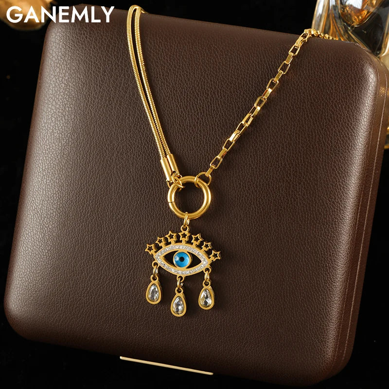 GANEMLY 316l Stainless Steel Luxury Bling Cubic Zirconia Eye Droplets Pendant Necklace Women Chic Romantic Waterproof Jewelry Pi-Mart