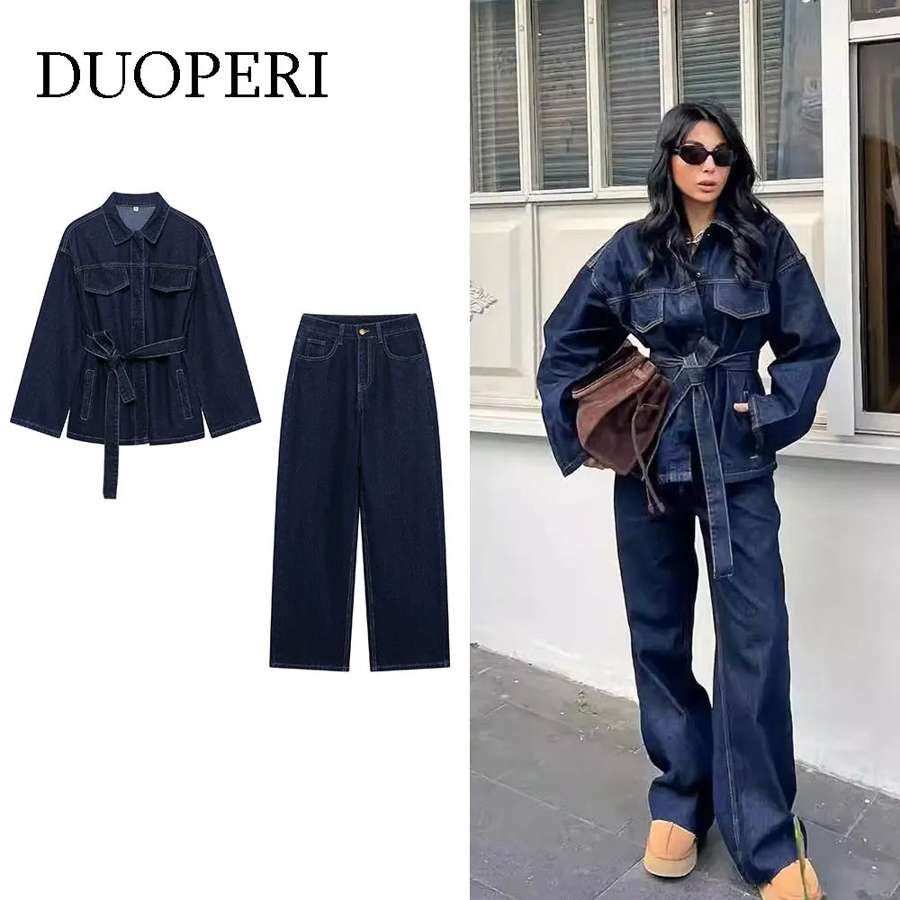 DUOPERI Women Fashion 2 Pieces Sets With Belt Denim  Jackets & Vintage Front Zipper Jeans Trousers Feamle Chic Lady Pants Sets LadyShow.Store