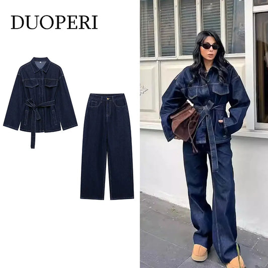 DUOPERI Women Fashion 2 Pieces Sets With Belt Denim  Jackets & Vintage Front Zipper Jeans Trousers Feamle Chic Lady Pants Sets LadyShow.Store
