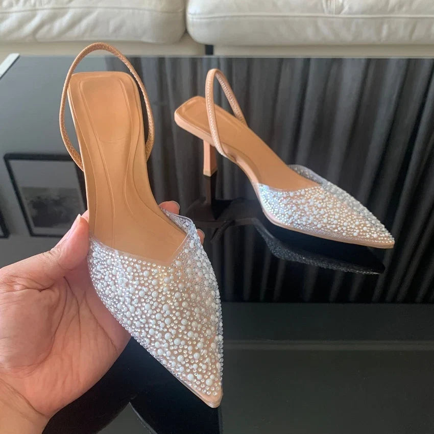 2024 Fashion Summer Women High Heels Pearl Decoration Slingback Woman Pumps Pointed Toe High Heels Sandals Elegant Woman Shoes LadyShow.Store