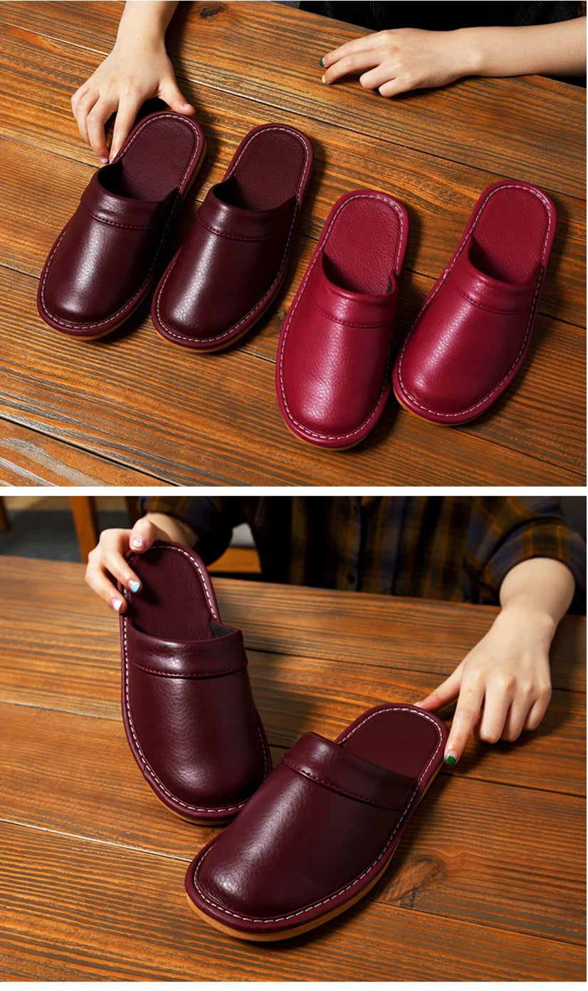 Luxury Men Leather Handmade Women Home Slippers Autumn Winter Plush Slip on Soft Black Brown Bedroom Indoor Flat Men Shoes Pi-Mart