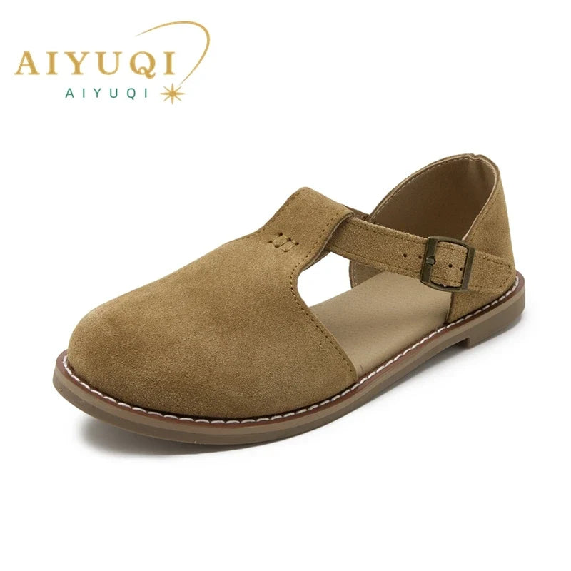 AIYUQI Flat-Soled Retro Frosted Genuine Leather Women's Sandals 2026 New Hollow Women's Shoes Roman Baotou Sandals for Women LadyShow.Store