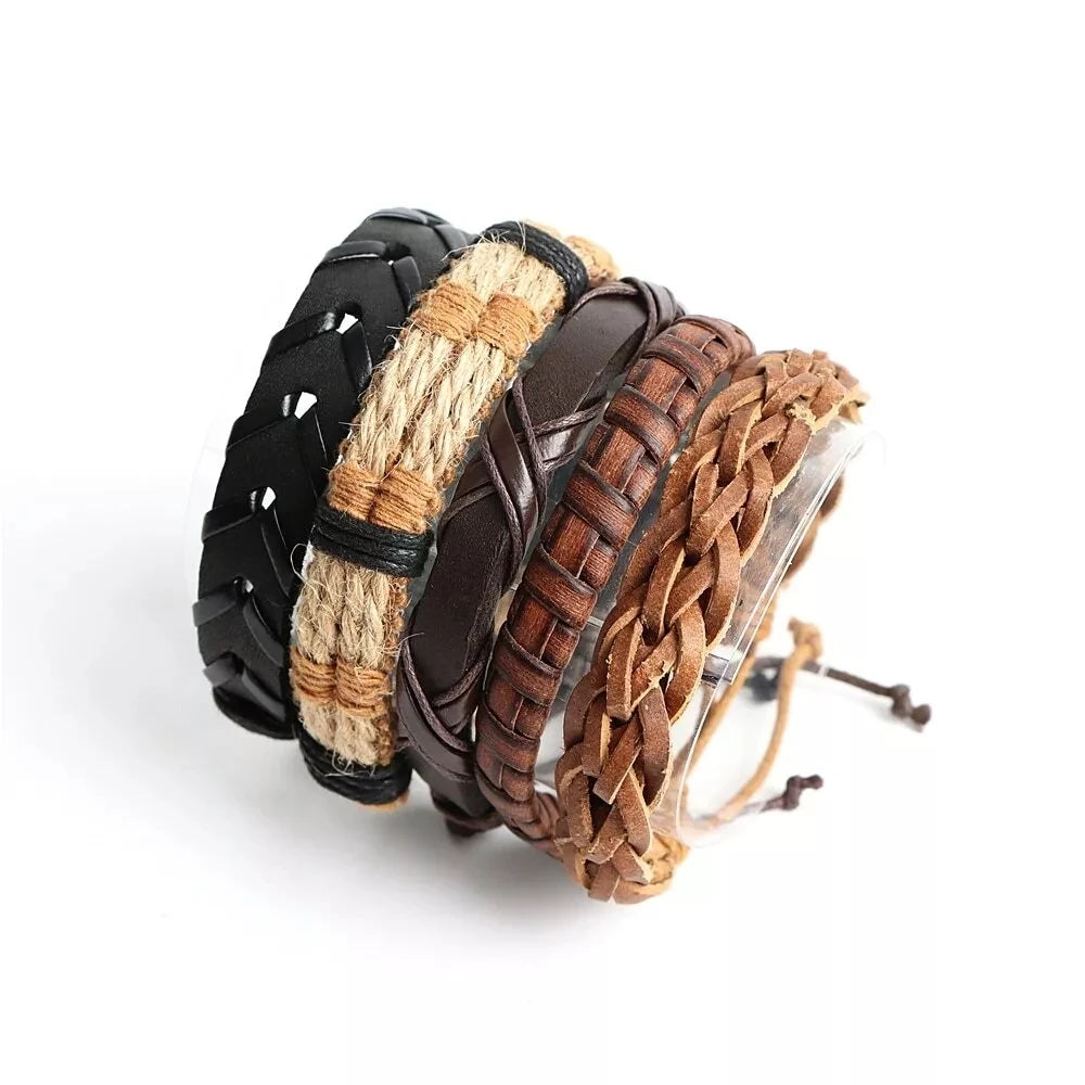 20Pcs Braided Leather Bracelets for Men Women Wrap Wood Beads Cuff Bracelet Hemp Cords Ethnic Tribal Handmade Wrap Wristband Bra Pi-Mart