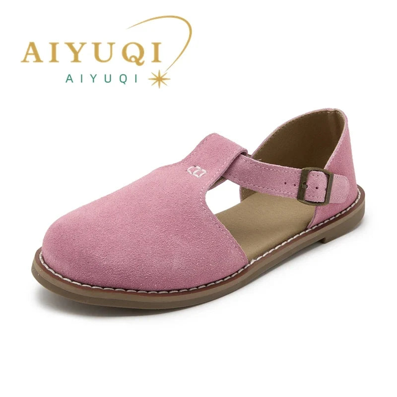 AIYUQI Flat-Soled Retro Frosted Genuine Leather Women's Sandals 2026 New Hollow Women's Shoes Roman Baotou Sandals for Women LadyShow.Store