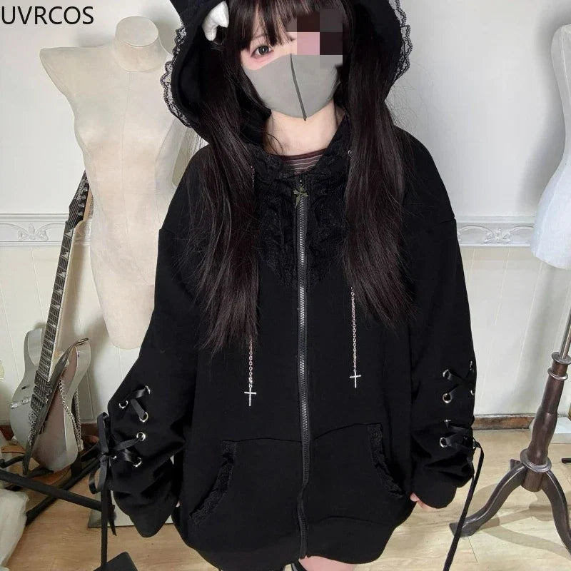 Japanese Kawaii Cat Ears Hooded Hoodies Women Y2k Aesthetic Grunge Casual Bandage Zipper Sweatshirt Fashion Trend Sportswear Top LadyShow.Store