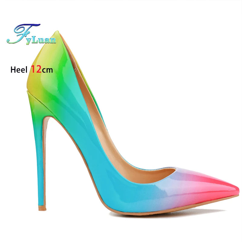 Brand Women High Heels 8-12CM Fashion Iridescent Pointed Toe Single Shoes Woman Thin Heel Summer Glossy Colorful Leather Pumps Pi-Mart
