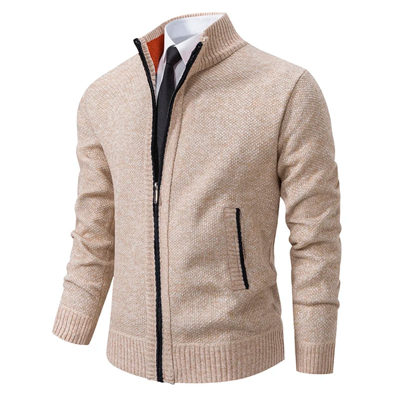 Autumn And Winter New Jersey Men's Casual Sports Coat Solid Color Stand Collar Wweater Grab Fleece Warm Zipper Cardigan Pi-Mart