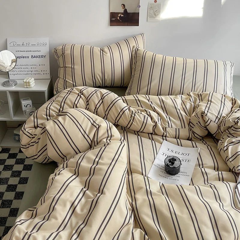 Stripe Bedding Comforter Set with Pillowcase bed sheet Single Full Size Bed Linen Duvet Cover Set Queen/King Double Single Bed LadyShow.Store