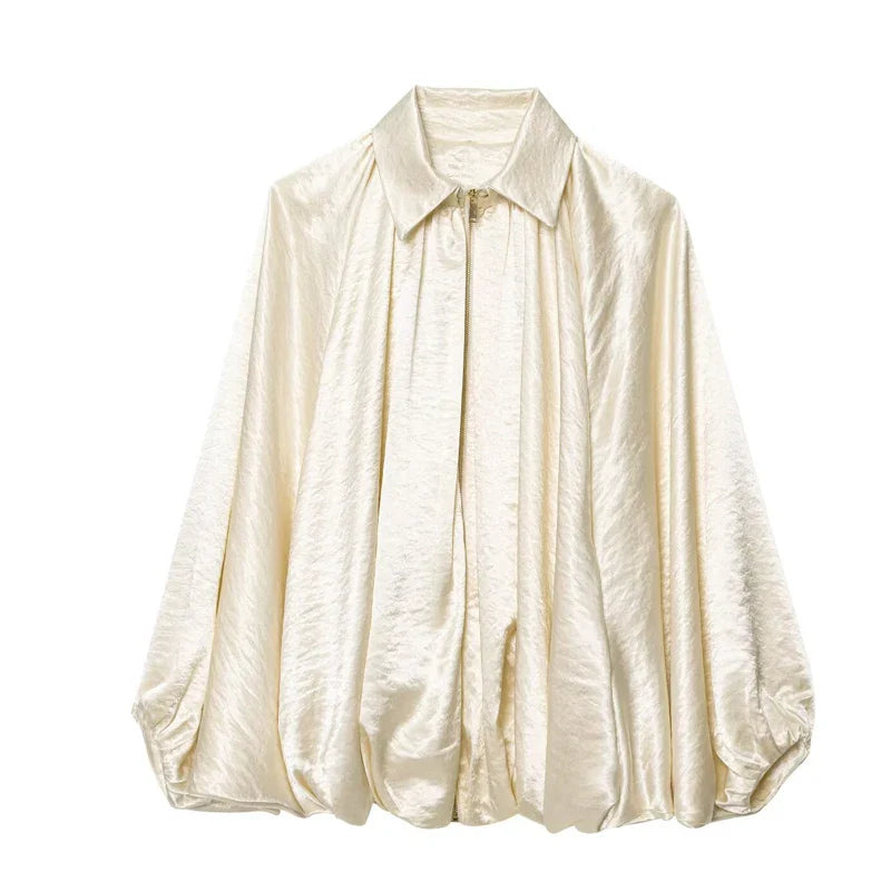Women's Bomber Jacket Long Sleeve Pleats Street Wear With Zipper Green Beige Vintage Oversize Zip Up Casual Summer Jacket female LadyShow.Store