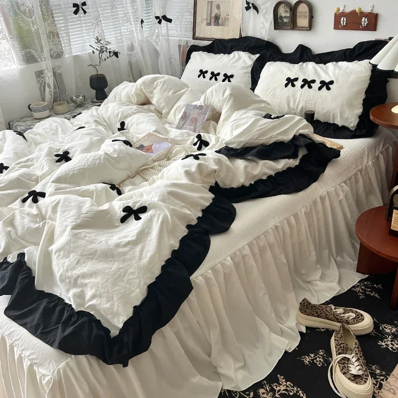 Black Bow Cotton Bedding Set, Princess Style Cute Girl Skin Friendly Soft Duvet Cover, Bed Sheet or Bed Skirt Pillowcase Pi-Mart