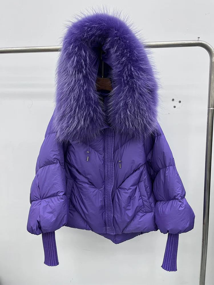 Women Winter Goose Down Jackets Real Fox Fur Collar Hooded Thick Natural Raccoon Fur Female Outwear Warm Loose Puffer Coats LadyShow.Store