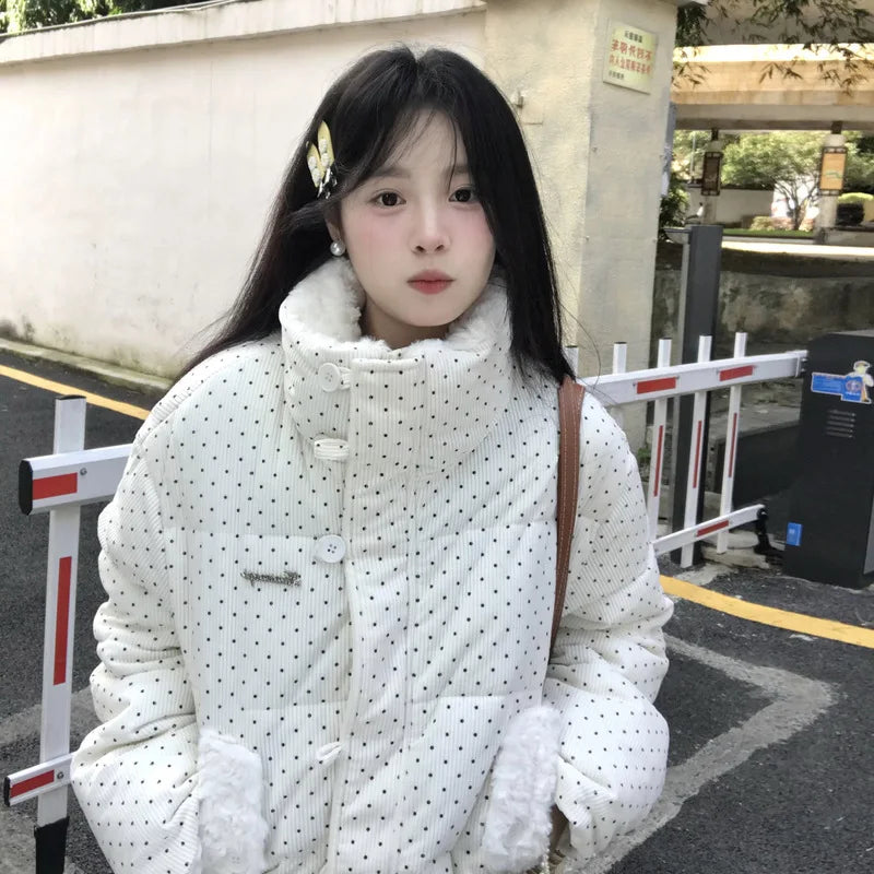 Women's Kawaii Polka Dot Down Cotton Jacket Korean Button Patchwork Corduroy Short Parkas Y2K Stand Collar Puffer Warm Jacket LadyShow.Store