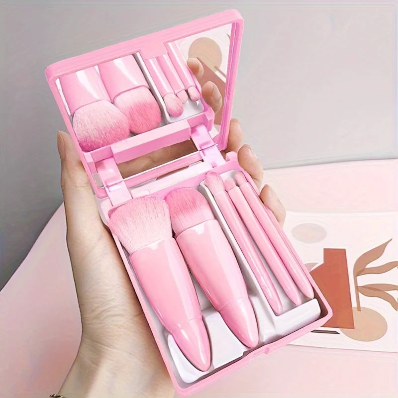 5Pcs Portable Makeup Brush Set With Mirror -  Foldable Travel Kit ，Mini Makeup Brush Set Travel Makeup Brush Set LadyShow.Store