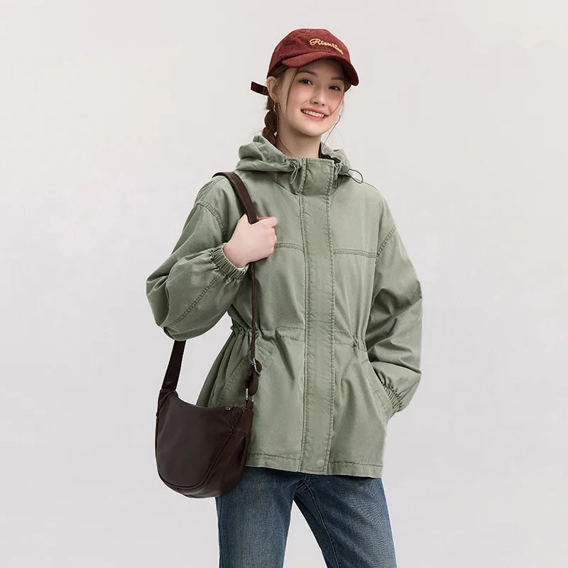 Semir Denim Jacket Women Mid-Length Loose Hooded 2025 New Spring Waist-Cinching Coat Retro Design for Fashion Outfits LadyShow.Store