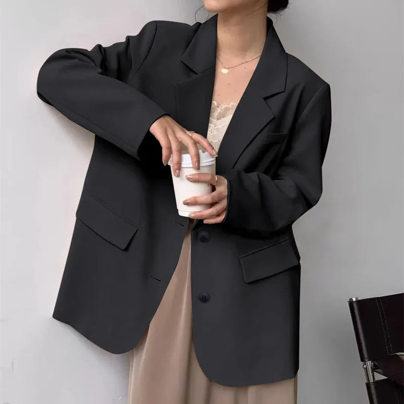 Mid Length Blazer Jacket Women Solid Long Sleeve Pocket Lapel Single Beasted Formal Coat Outerwear Loose Work Casual Blazers Pi-Mart