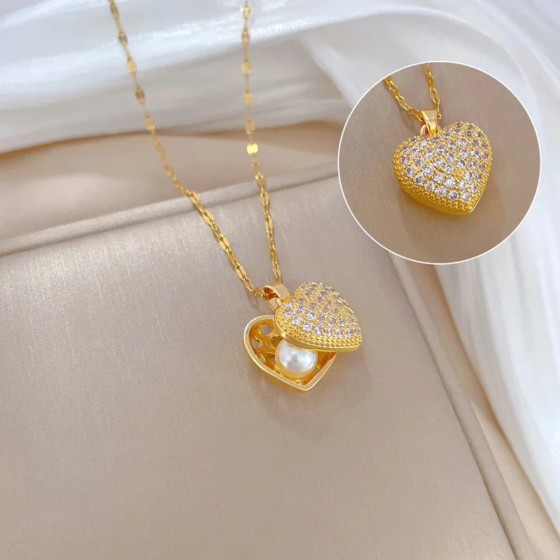 ZAKOL Korean Light Luxury Shell Pearl Necklace For Women Micro Inlaid Zircon Love Heart Moon Choker Wedding Jewelry Pi-Mart
