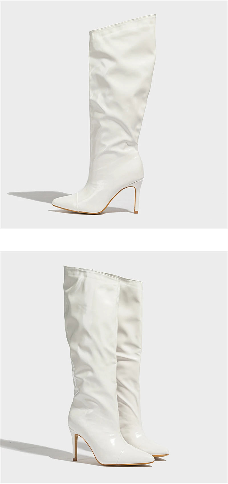 Liyke Fashion Runway Pleated Patent Leather Boots Female Pointed Toe Stiletto Heels Pumps Autumn Winter Knee High Shoes Women Pi-Mart
