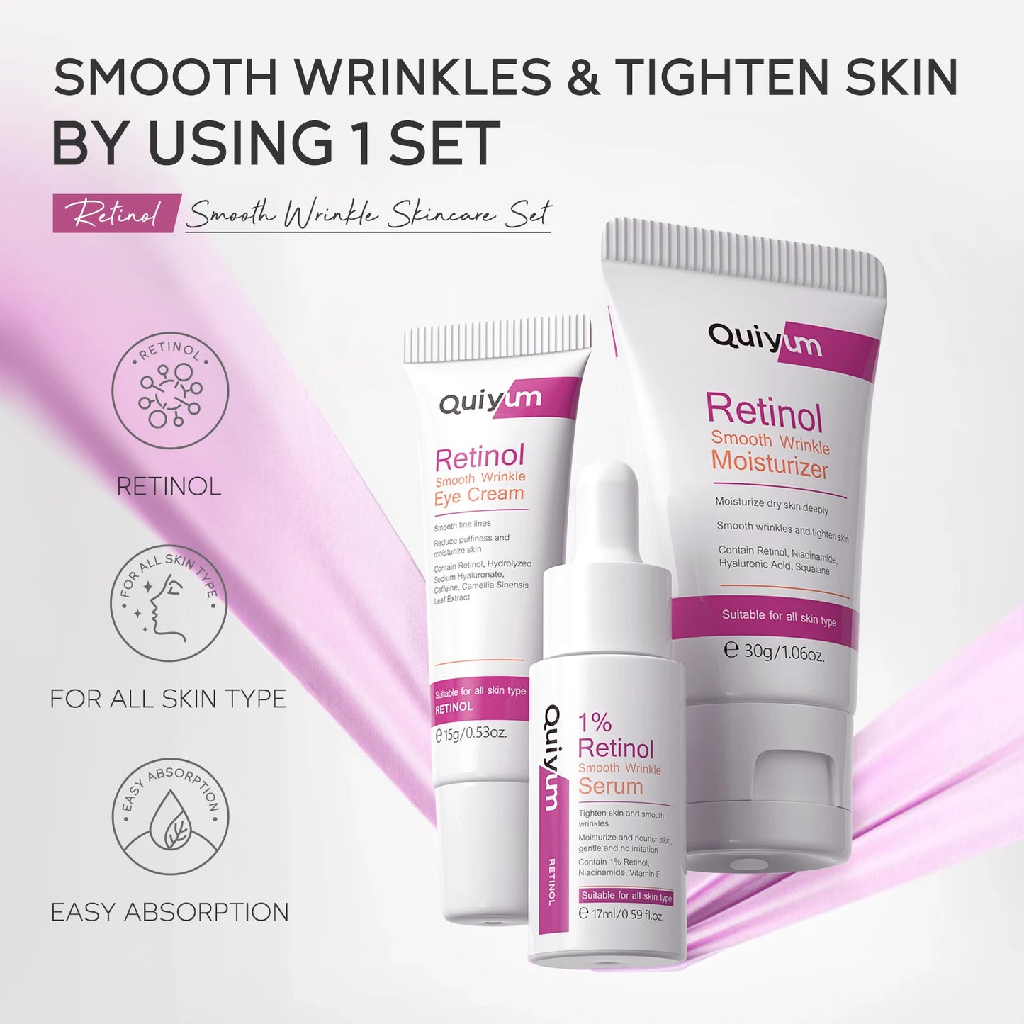 QUIYUM Retinol Smooth Wrinkle Skincare Set · For All Skin Types · Smooth Wrinkles & Fine Lines Improve Skin Elasticity & Radianc Pi-Mart