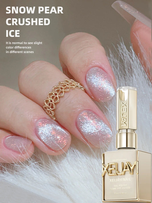 15ml Snow Pear Crushed Ice Cat Eye Gel Nail Polish,  Shiny Bubble-Free UV/LED Quick-Drying Gel Suitable For Nail Art DIY Design Tri Light Beauty