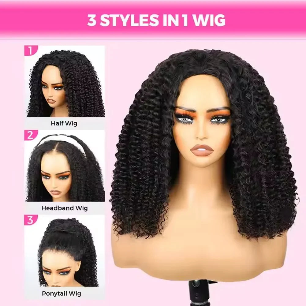 16 Inch 3 IN 1 Half Wig With Drawstring Seamless Human hair Wig Kinky Curly Headband Wig Upgrade for Women Summer Machine Wigs LadyShow.Store