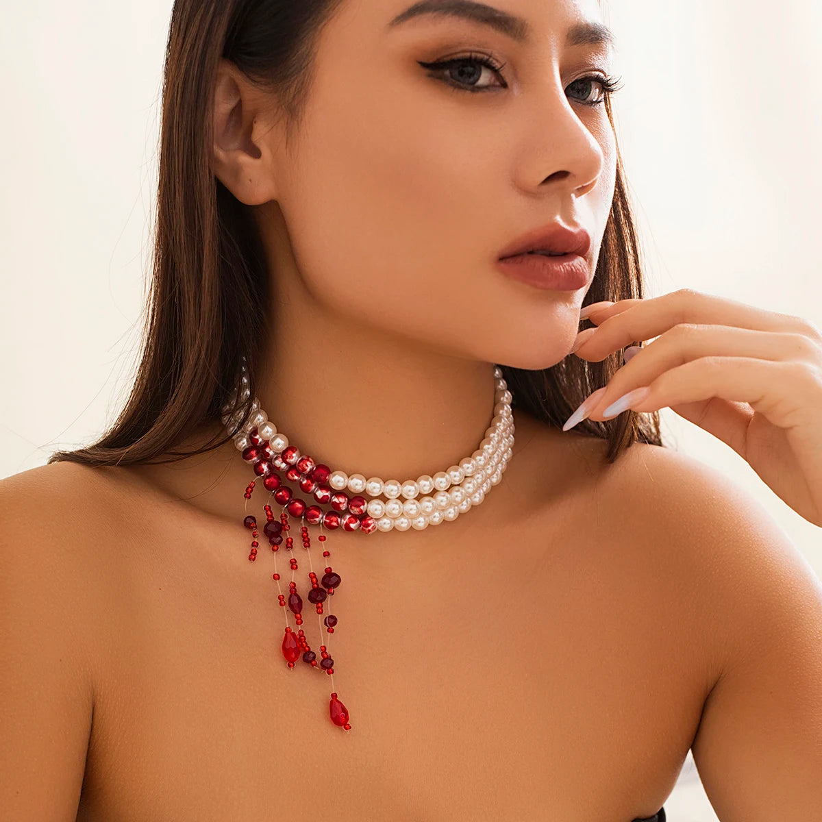 Multilayer Vintage Red Blood Pattern Imitation Pearl Tassel Pendant Necklace for Women Goth Crystal Bead Chain Halloween Jewelry Pi-Mart
