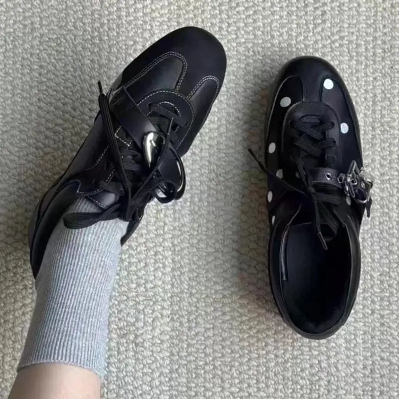 Korean Style Black Polka Dot Sneakers Women Spring 2026 Luxury Metal Decoration Designer Vulcanize Shoes Woman's Sports Shoes Pi-Mart