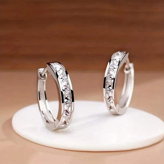 Huitan Hoop Earrings with Princess Cubic Zirconia Exquisite Ear Circle Earrings for Women Silver Color Fashion Versatile Jewelry Pi-Mart