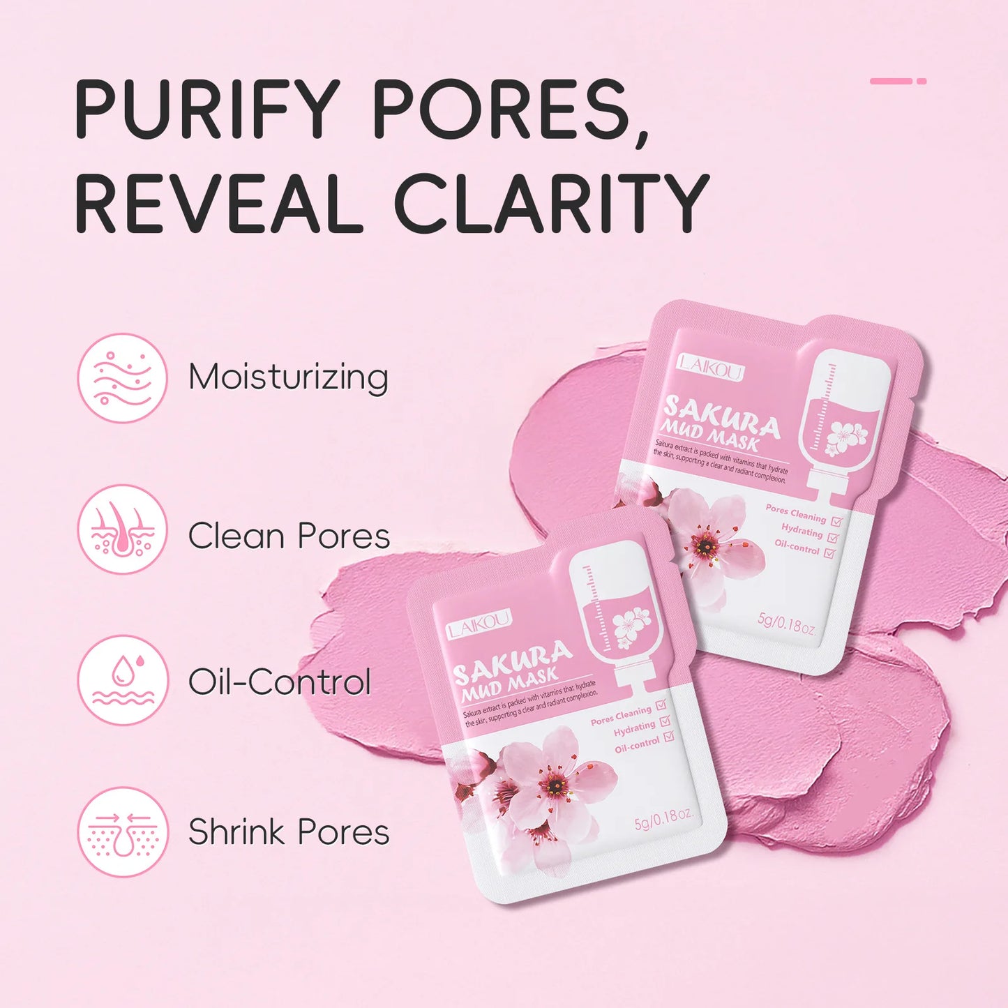 LAIKOU Japan Sakura Clay Mud Mask Hydrating Gentle Cleansing Refreshing Oil Balancing Daily Facial Skin Care Mask 5g Pi-Mart