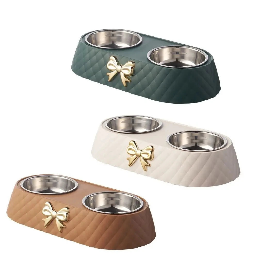 Pet Supplies Bow-tie Bowknot Cats Food Bowl PP Base Dog Bowl Stainless Steel Double Pet Accessories Feeding Drinking Double Bowl Pi-Mart