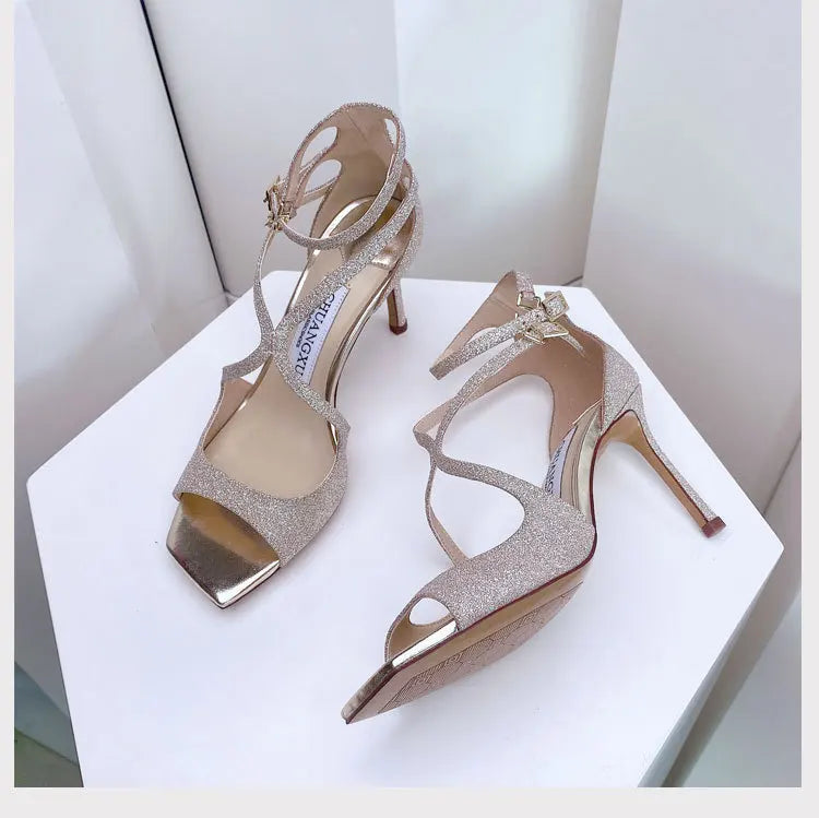 Luxury Sequined Women Gladiator Sandals Summer Designer Shoes for Women 2026 Square Head Hollow High Heels Fashion Ladies Shoes Pi-Mart