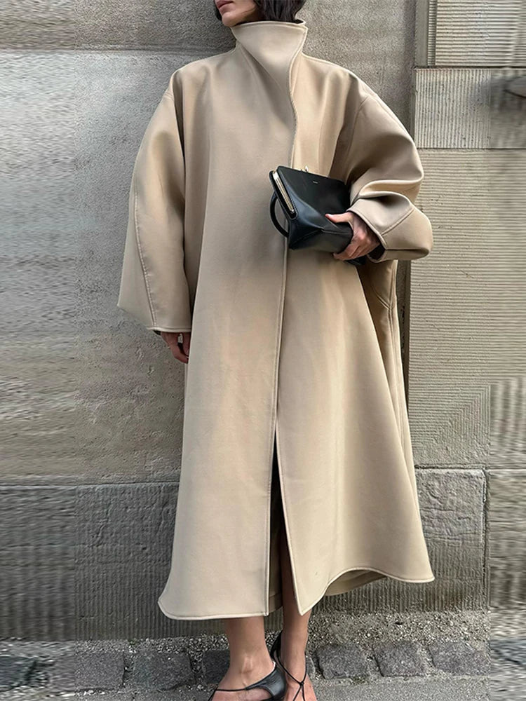 Women's Elegant Faux Suede Long Jacket Stand Collar Bat Sleeve Solid Overcoat Outwears 2025 Autumn Winter Female Streetwears LadyShow.Store