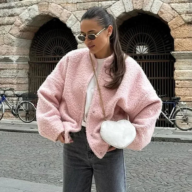 Talenza Women's Pink Short Fur Jacket Autumn Loose Fashion Long Sleeve Jacket Top Casual Stand Collar Pocket Button Warm Jacket LadyShow.Store