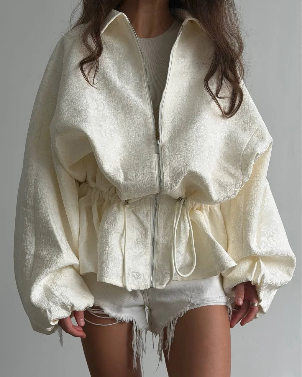 Luxury Apricot Texture Jacket Drawstring Waist Slim Puff Sleeves 2026 Women's Autumn Jackets Chic Commute Date Daily Outerwear Pi-Mart