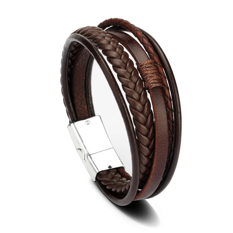 Trendy Leather Bracelets For Men Stainless Steel Bracelet 21CM Multilayer Braided Rope Bracelets for Male Jewelry Gifts Pi-Mart