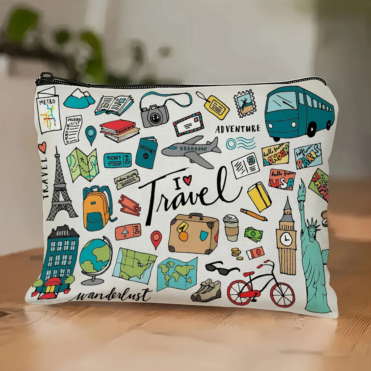 1 Travel-Themed Illustrated Makeup Bag - Multifunctional Zipper Pouch for Women, Jewelry Storage Bag, Perfect Travel Zipper Organizer, Fun Birthday Gift Pi-Mart
