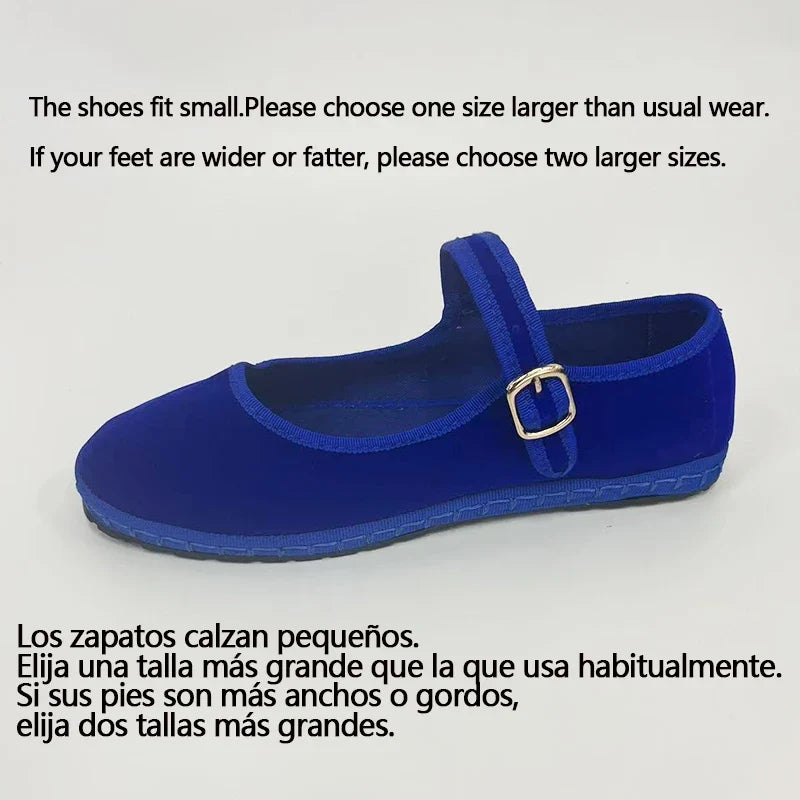 Velvet Mary Jane Shoes for Women Hand Stitch Casual Streetwear Ballet Flats Pumps Female Solid Color Red Cloth Shoes Loafers LadyShow.Store