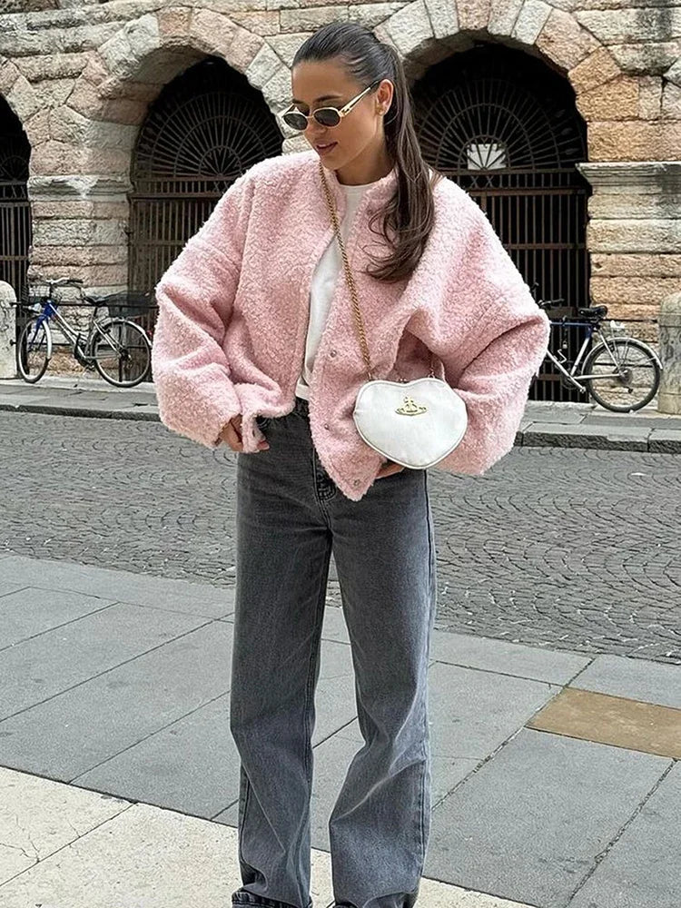 TARUXY Pink Short Fur Jacket Coat For Women Autumn Winter Casual Stand Collar Pocket Loose Fashion Long Sleeve Jacket Top Female LadyShow.Store