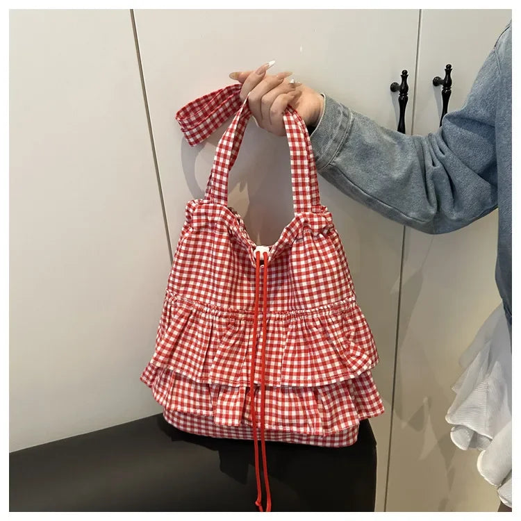 Large Capaci Cute Plaid Cotton Tote Bag  Lace Trim Women's Summer 2025 Simple Lady Handbag Soft Shoulder Bags Bolsa Feminina Pi-Mart