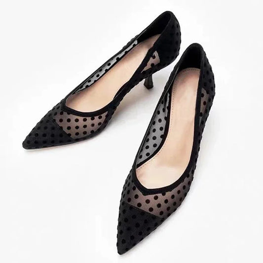 maogu Black Women Pointed Toe High Heel Work Shoes Dot Mesh Vintage Elegant Shallow Stiletto 2023 Spring Summer Thin Heels Pumps LadyShow.Store