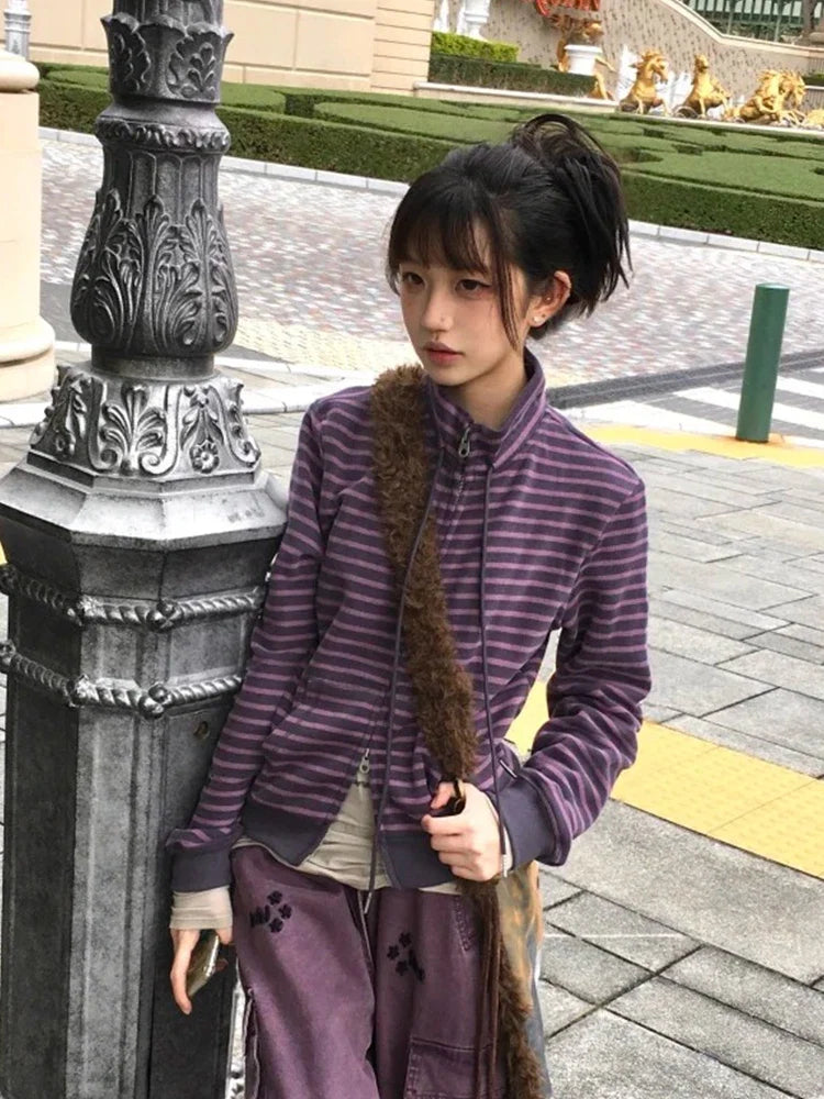 Tonngirls Y2k Japanese Sweatshirts Women Long Sleeve Striped Stand Collar Sweatshirt High Street Graphic Winter Coats E-girls LadyShow.Store