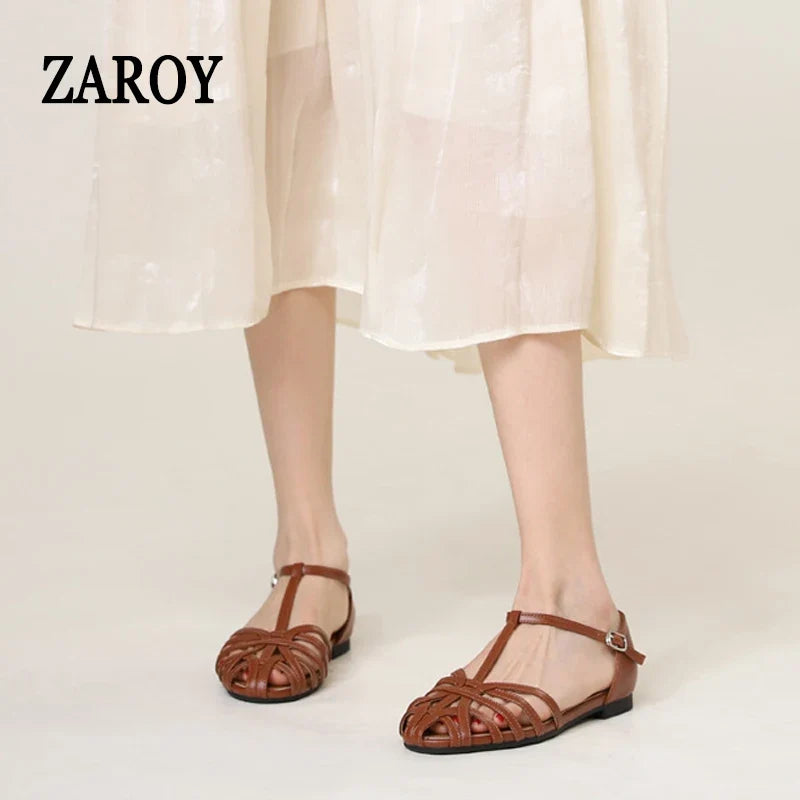 ZAROY Women's Sandals Summer Casual Footwear T-tied Cross Strap Flat Sandals Weave Hollow Roman Sandalia Zapatos сандали LadyShow.Store