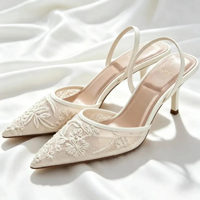 Mesh Embroider String Bead Detail High Heels Women Sexy Brown Pointed Toe Back Strap Heeled Sandals Summer Elegant Women Shoes LadyShow.Store
