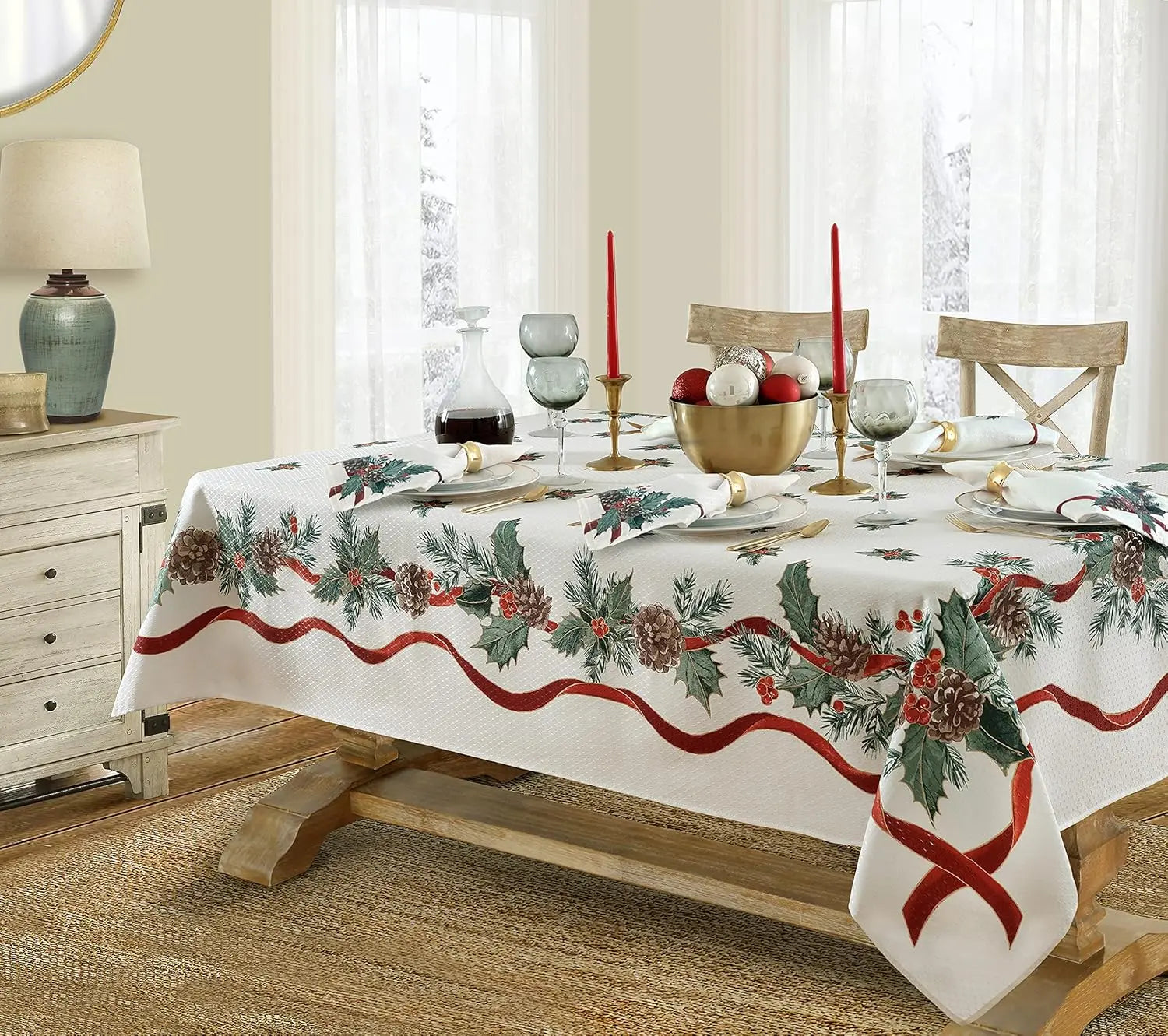 Christmas Rectangle Tablecloth, Poinsettia Design Tablecloth For New Year Party And Dinner Christmas Table Decor Tablecloth Pi-Mart