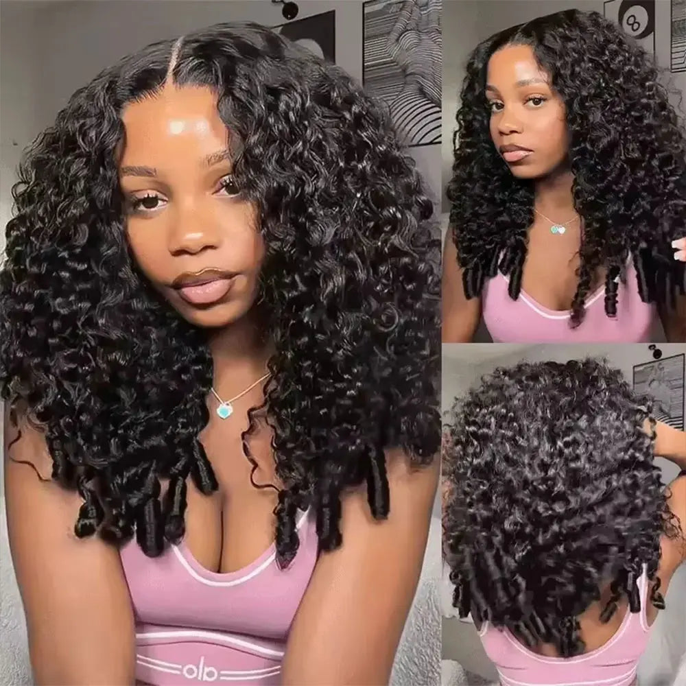 Jerry Curly Half Wig Human Hair Seamless Kinky Curly 3 In 1 Half Wig  Glueless  Heandband Clip In Wig No Sew In Black Color LadyShow.Store