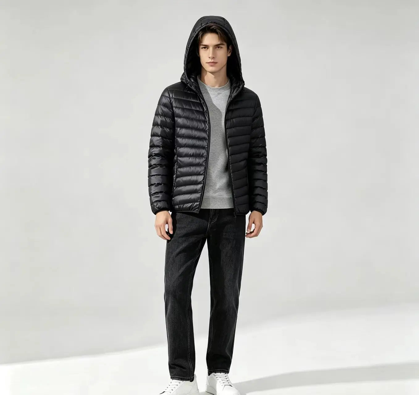 Men Solid Color Hooded Puffer Coat, Winter Lightweight Casual Outdoor Sports Warm Jacket for Male LadyShow.Store