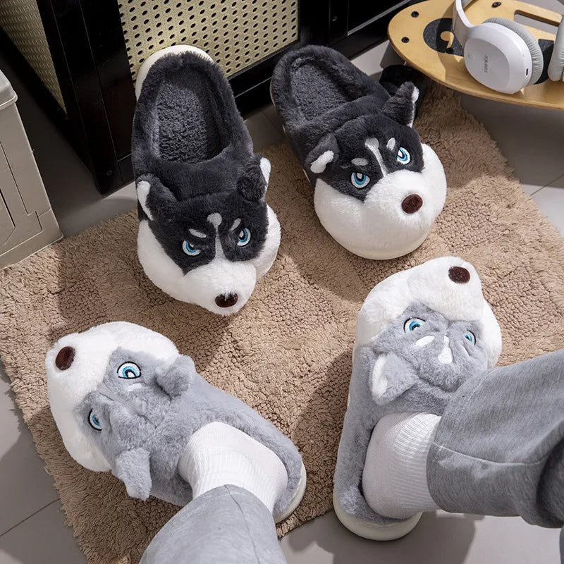 Plus Size 50 Indoor Fluffy Slippers For Women Men Winter Warm Shoes Cute Cartoon Dog Light Weight Couples Home Floor Slipper LadyShow.Store