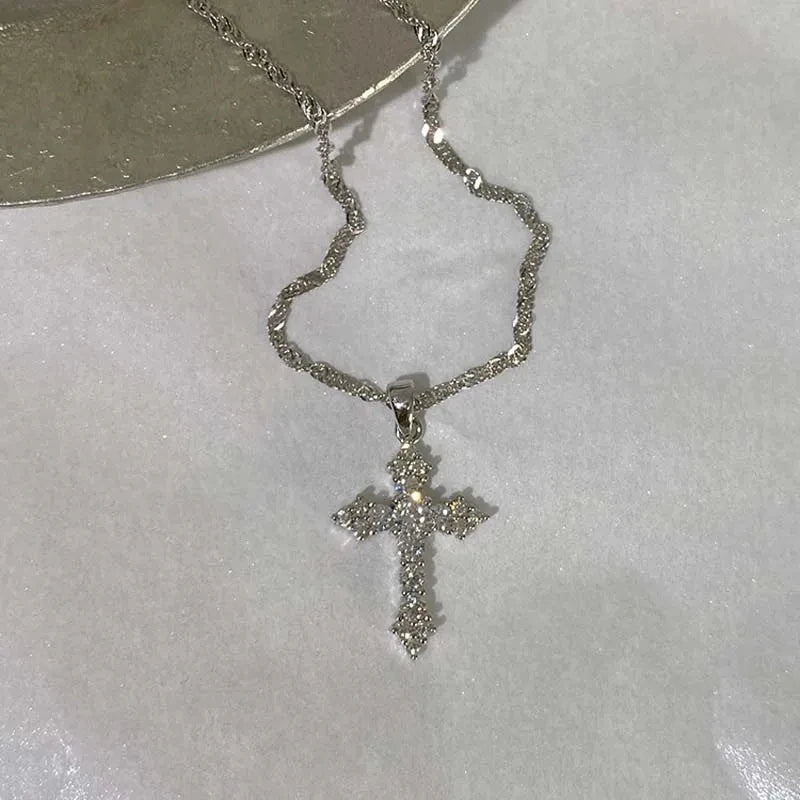 Shiny Crystal Zircon Cross Pendant Necklace for Women Girls Punk Silver Color Thin Chain Necklace Party Jewelry Birthday Gift Pi-Mart