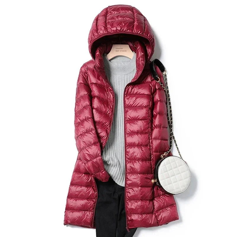 Plus Size Winter Womens Fashionable Outerwear Down Jackets Long Light Thin Coat Puffer Jacket Korean Slim Remove Hooded Parka LadyShow.Store